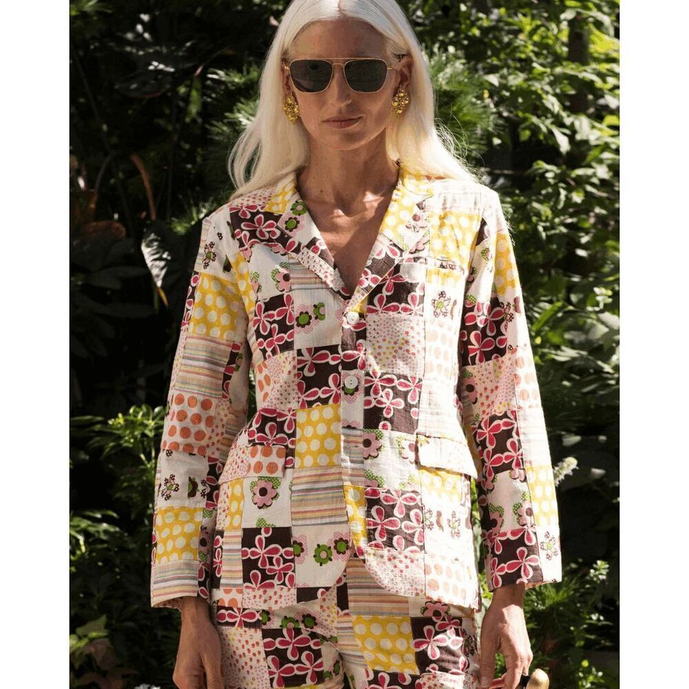 Alix Of Bohemia Georgette Preppy Patch Patchwork Blazer Yellow Canary Size M
